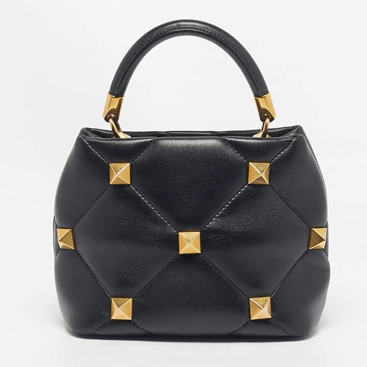 Pre Owned Valentino Black Quilted Leather Small Roman Stud Top Handle Bag