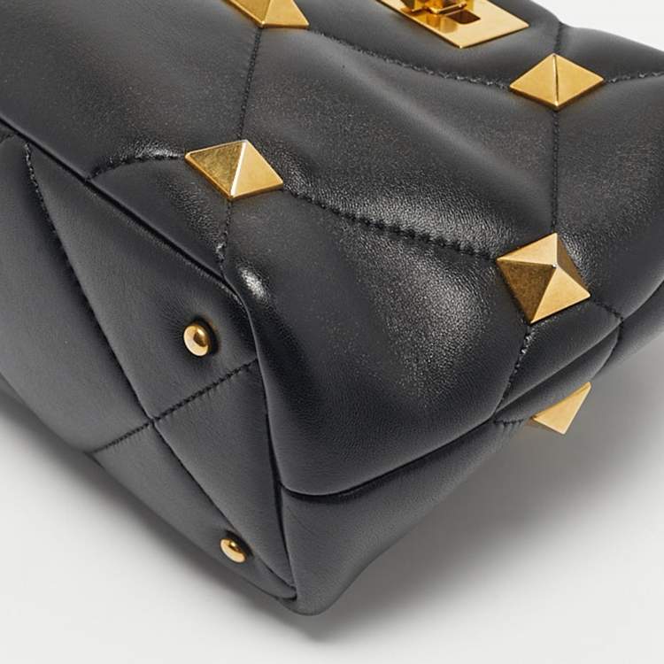 Pre Owned Valentino Black Quilted Leather Small Roman Stud Top Handle Bag