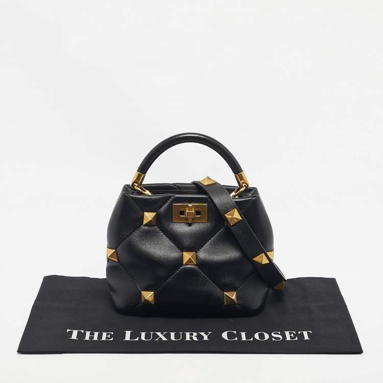 Pre Owned Valentino Black Quilted Leather Small Roman Stud Top Handle Bag