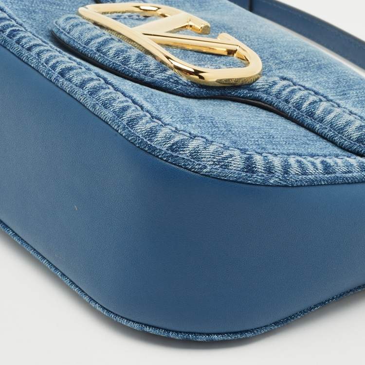 Pre Owned Valentino Blue Denim and Leather VLogo Shoulder Bag