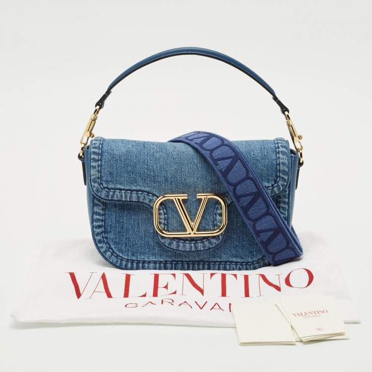 Pre Owned Valentino Blue Denim and Leather VLogo Shoulder Bag