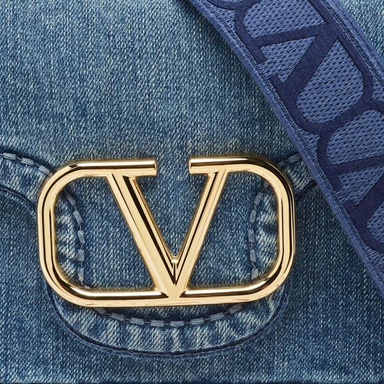 Pre Owned Valentino Blue Denim and Leather VLogo Shoulder Bag