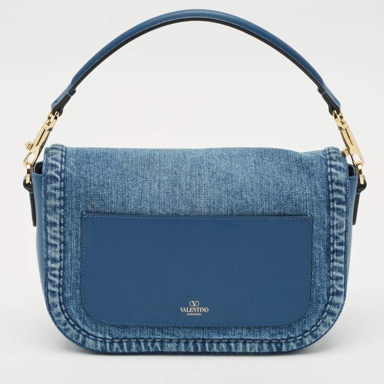 Pre Owned Valentino Blue Denim and Leather VLogo Shoulder Bag