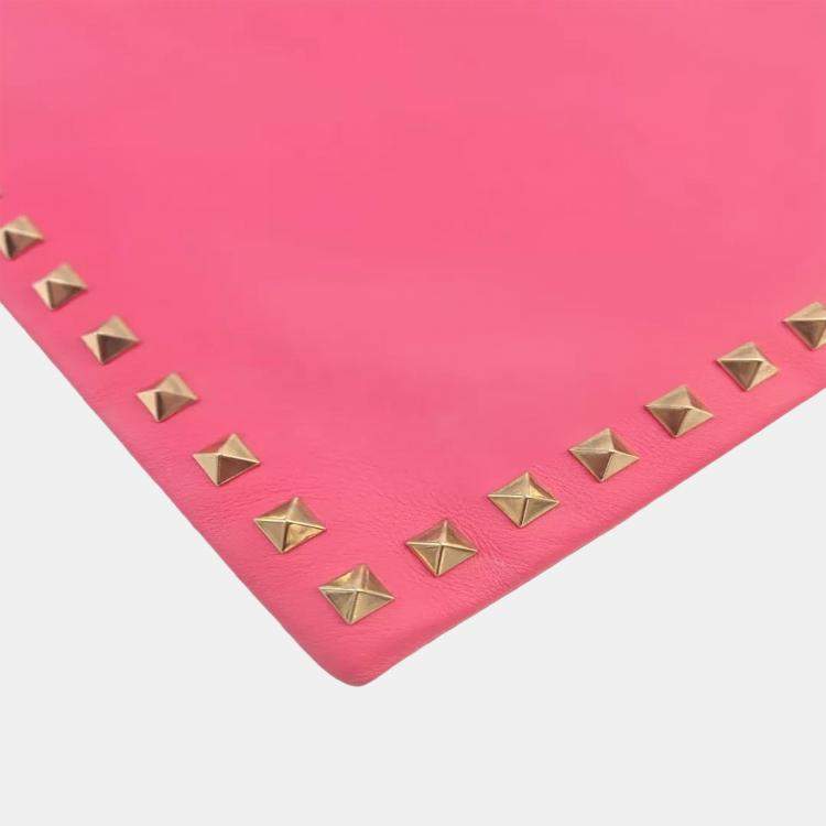 Pre Owned Valentino Rockstud Pink Leather Clutch Bag