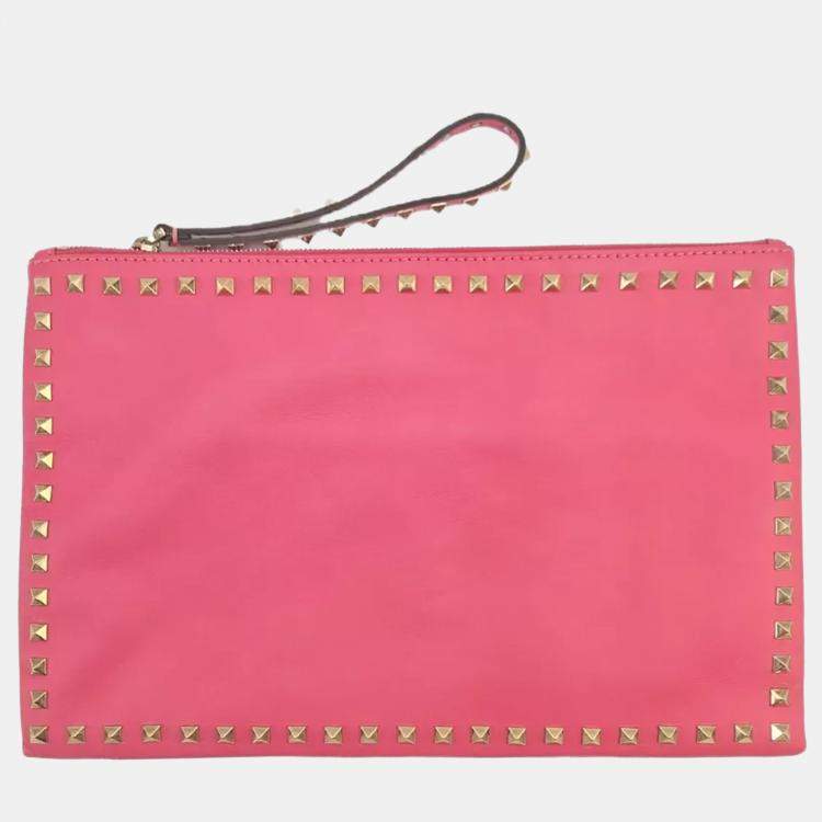 Pre Owned Valentino Rockstud Pink Leather Clutch Bag