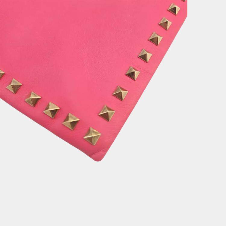 Pre Owned Valentino Rockstud Pink Leather Clutch Bag
