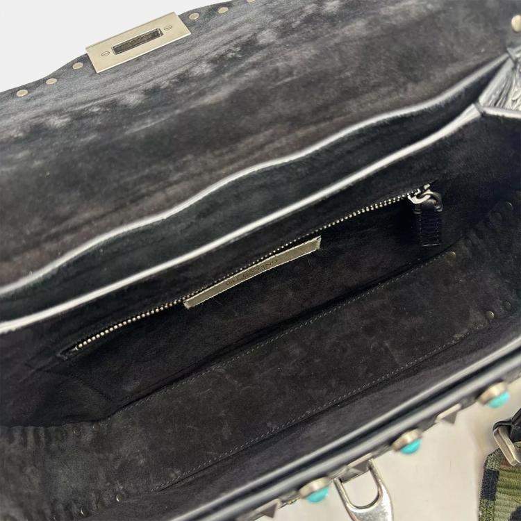 Pre Owned Valentino Rolling Rockstud Medium Black Beaded Patch Calfskin Leather Shoulder Bag