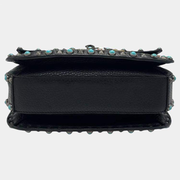 Pre Owned Valentino Rolling Rockstud Medium Black Beaded Patch Calfskin Leather Shoulder Bag
