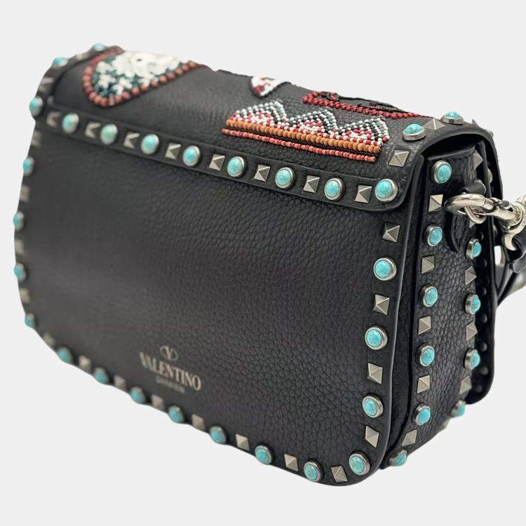 Pre Owned Valentino Rolling Rockstud Medium Black Beaded Patch Calfskin Leather Shoulder Bag