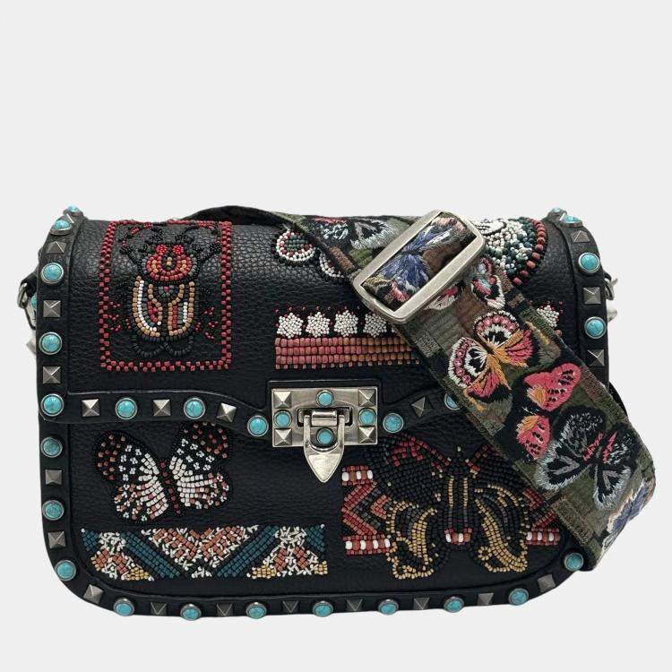 Pre Owned Valentino Rolling Rockstud Medium Black Beaded Patch Calfskin Leather Shoulder Bag