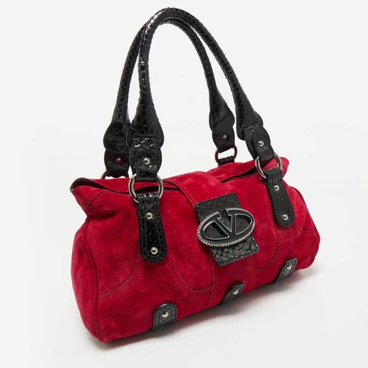 Pre Owned Valentino Red/Black Suede and Snakeskin VRing Crystals Shoulder Bag