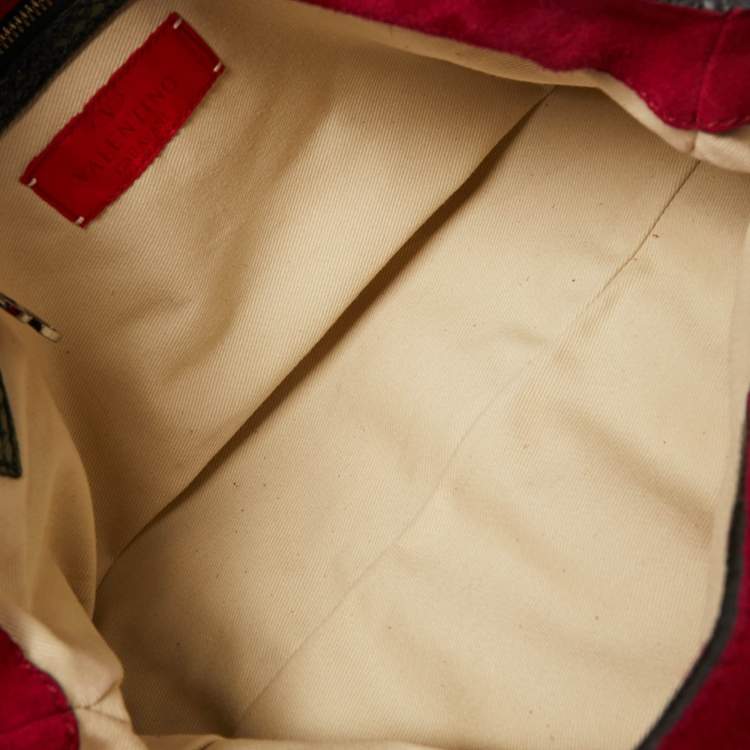 Pre Owned Valentino Red/Black Suede and Snakeskin VRing Crystals Shoulder Bag