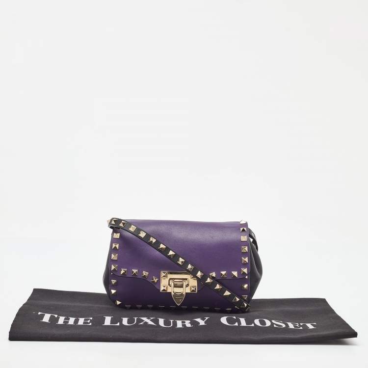 Pre Owned Valentino Dark Purple/Black Leather Rockstud Flap Shoulder Bag