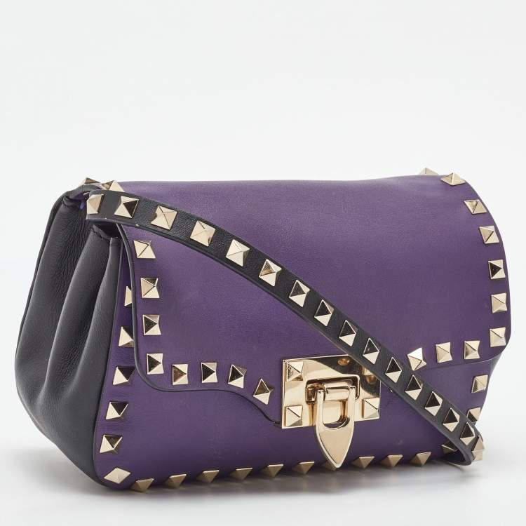 Pre Owned Valentino Dark Purple/Black Leather Rockstud Flap Shoulder Bag