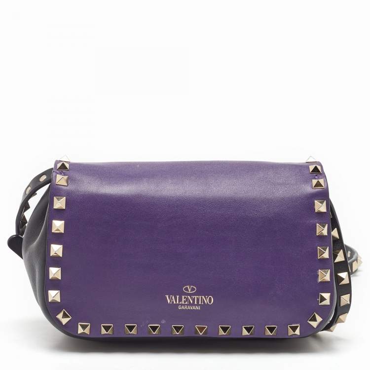 Pre Owned Valentino Dark Purple/Black Leather Rockstud Flap Shoulder Bag