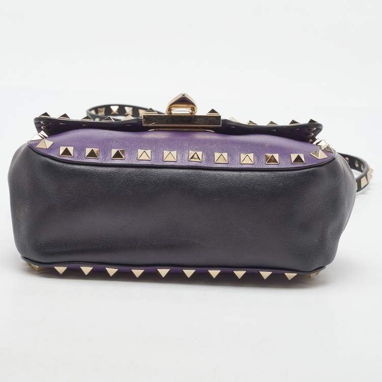 Pre Owned Valentino Dark Purple/Black Leather Rockstud Flap Shoulder Bag