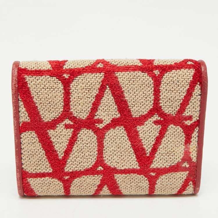 Pre Owned Valentino Red/Beige Iconographe Canvas and Leather Card Holder