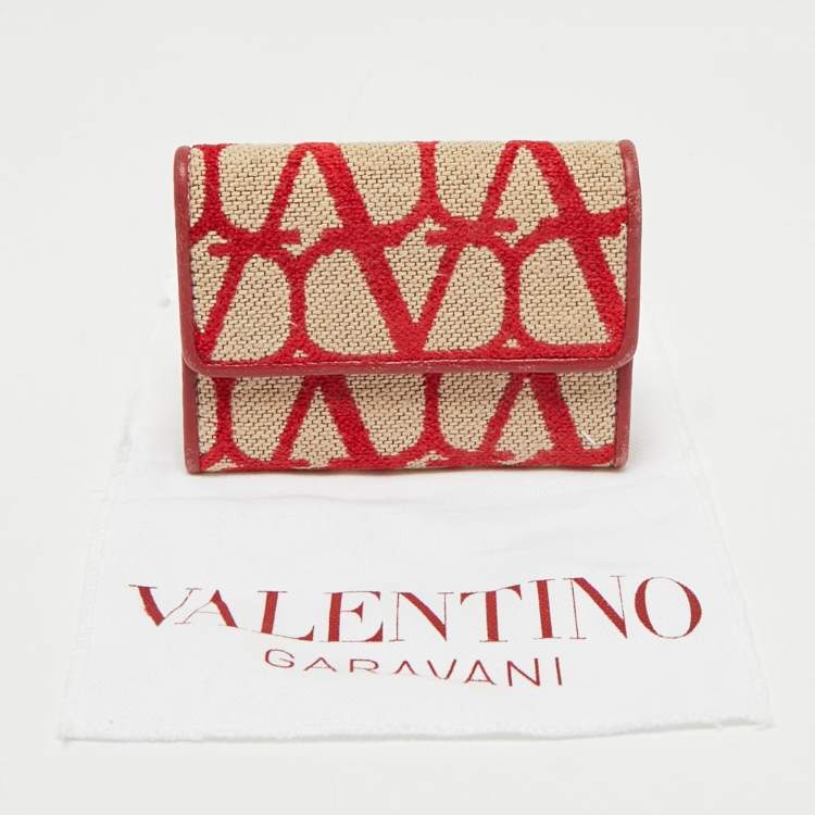 Pre Owned Valentino Red/Beige Iconographe Canvas and Leather Card Holder