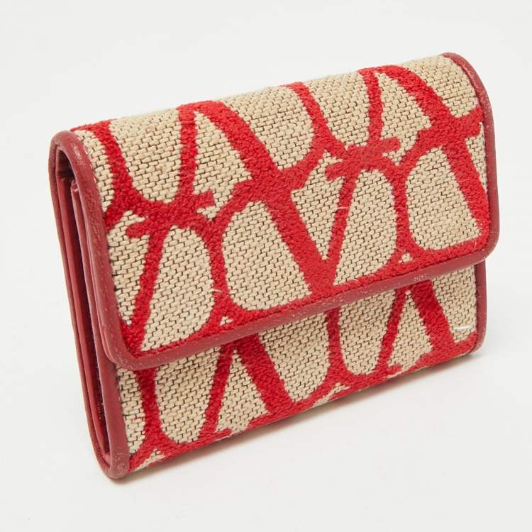 Pre Owned Valentino Red/Beige Iconographe Canvas and Leather Card Holder