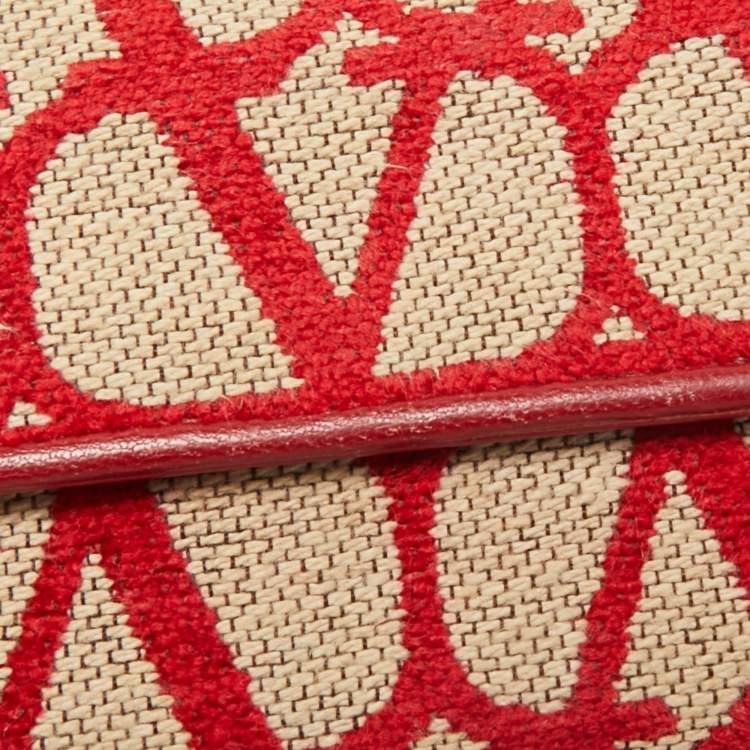 Pre Owned Valentino Red/Beige Iconographe Canvas and Leather Card Holder
