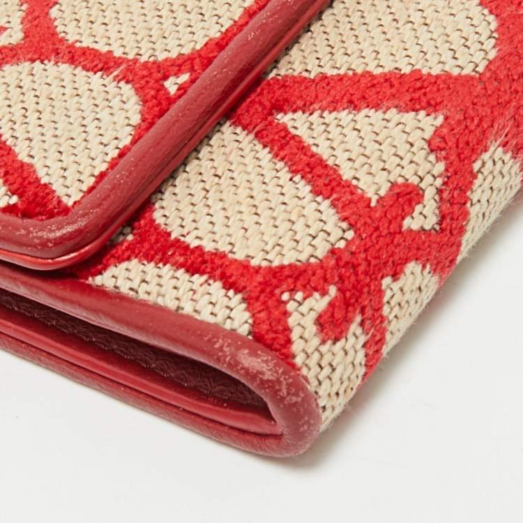 Pre Owned Valentino Red/Beige Iconographe Canvas and Leather Card Holder