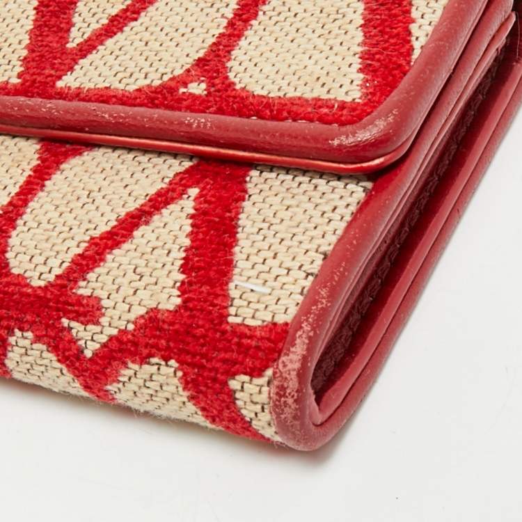 Pre Owned Valentino Red/Beige Iconographe Canvas and Leather Card Holder