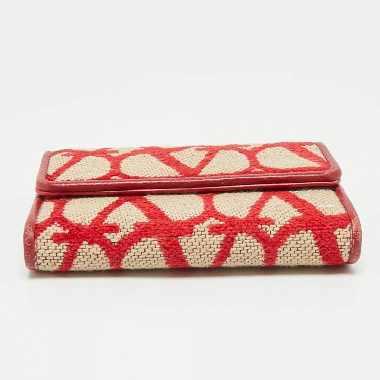 Pre Owned Valentino Red/Beige Iconographe Canvas and Leather Card Holder