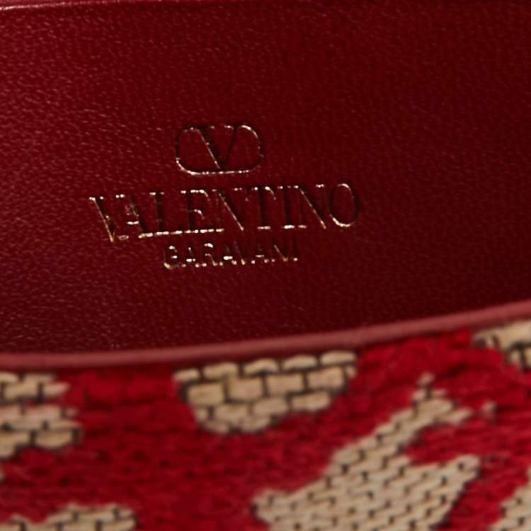Pre Owned Valentino Red/Beige Iconographe Canvas and Leather Card Holder