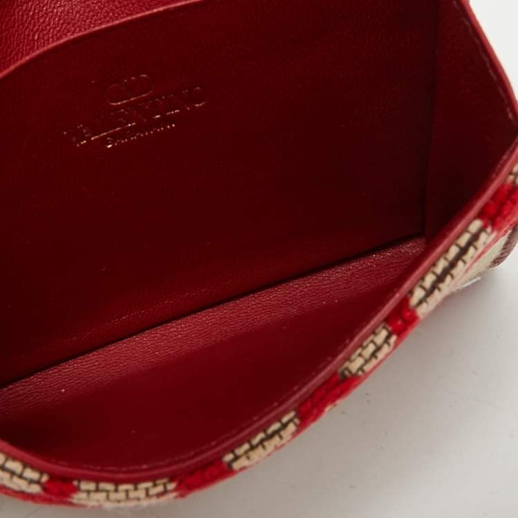 Pre Owned Valentino Red/Beige Iconographe Canvas and Leather Card Holder