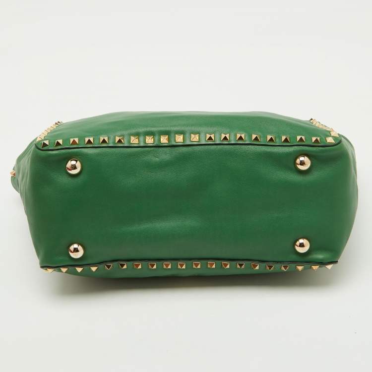 Pre Owned Valentino Green Soft Leather Rockstud Flap Top Handle Bag
