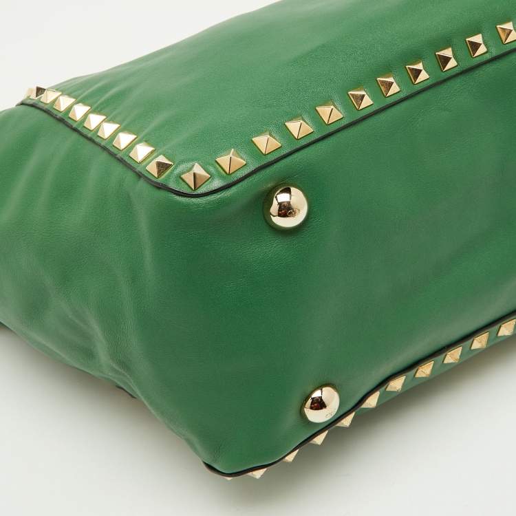Pre Owned Valentino Green Soft Leather Rockstud Flap Top Handle Bag