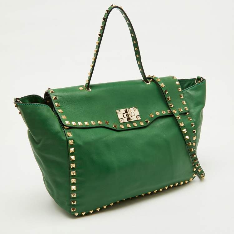 Pre Owned Valentino Green Soft Leather Rockstud Flap Top Handle Bag