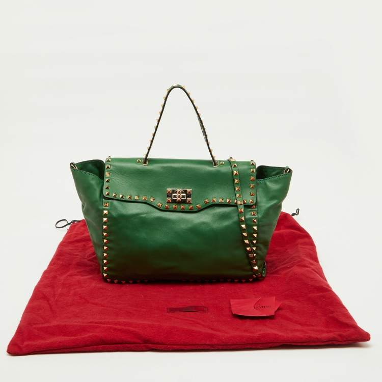 Pre Owned Valentino Green Soft Leather Rockstud Flap Top Handle Bag
