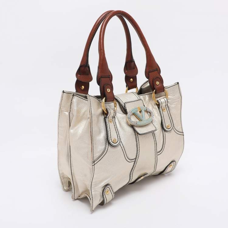 Pre Owned Valentino Gold Leather Crystal Catch Tote