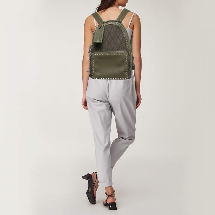 Pre Owned Valentino Military Green Logo Jacquard Canvas and Leather Viva Backpack