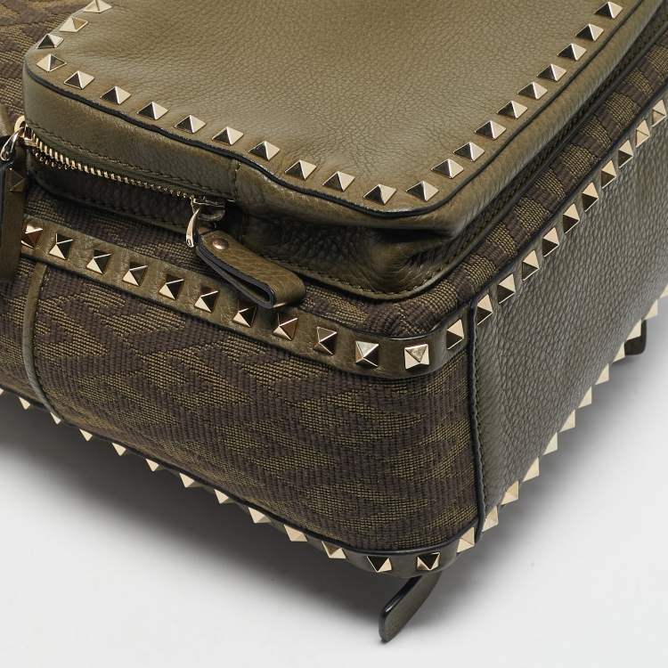 Pre Owned Valentino Military Green Logo Jacquard Canvas and Leather Viva Backpack