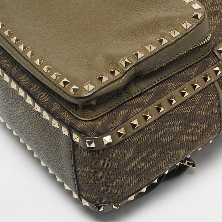 Pre Owned Valentino Military Green Logo Jacquard Canvas and Leather Viva Backpack