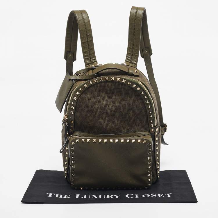 Pre Owned Valentino Military Green Logo Jacquard Canvas and Leather Viva Backpack