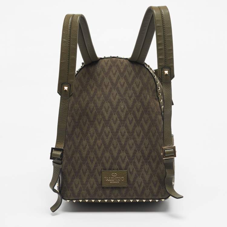 Pre Owned Valentino Military Green Logo Jacquard Canvas and Leather Viva Backpack