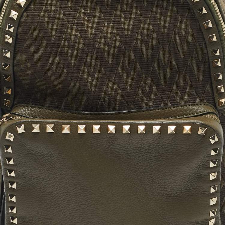 Pre Owned Valentino Military Green Logo Jacquard Canvas and Leather Viva Backpack