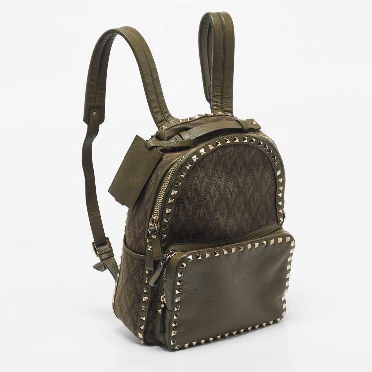 Pre Owned Valentino Military Green Logo Jacquard Canvas and Leather Viva Backpack