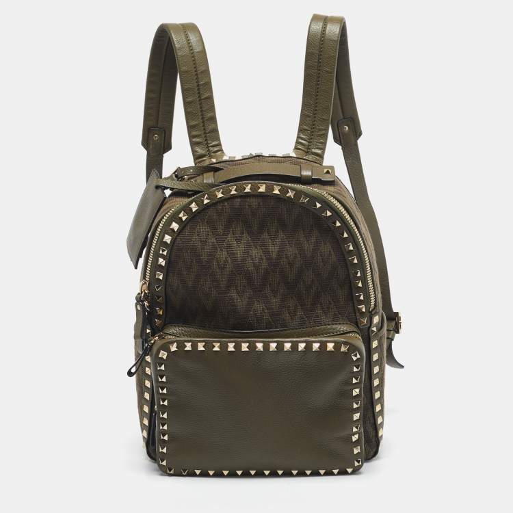 Pre Owned Valentino Military Green Logo Jacquard Canvas and Leather Viva Backpack