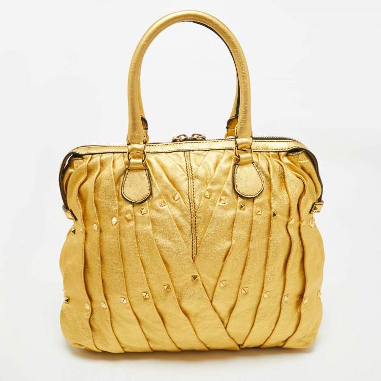 Pre Owned Valentino Metallic Gold Leather Maison Pintucked Rockstud Shopper Tote