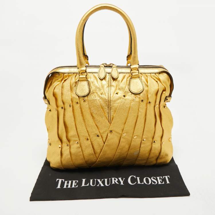 Pre Owned Valentino Metallic Gold Leather Maison Pintucked Rockstud Shopper Tote