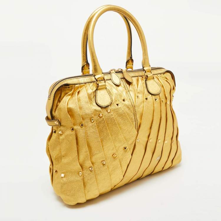 Pre Owned Valentino Metallic Gold Leather Maison Pintucked Rockstud Shopper Tote
