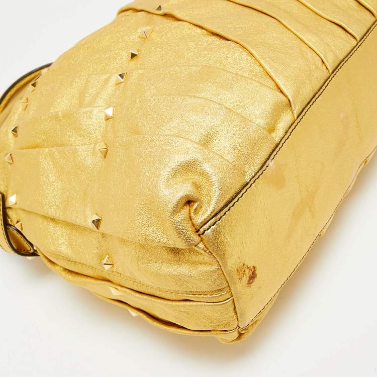 Pre Owned Valentino Metallic Gold Leather Maison Pintucked Rockstud Shopper Tote
