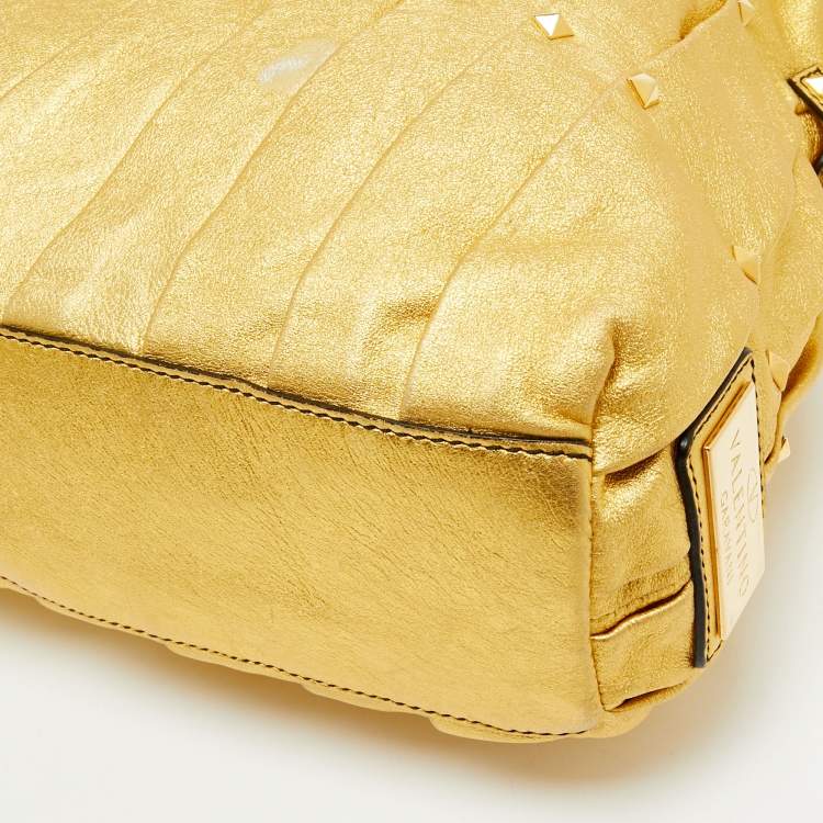 Pre Owned Valentino Metallic Gold Leather Maison Pintucked Rockstud Shopper Tote