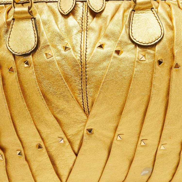 Pre Owned Valentino Metallic Gold Leather Maison Pintucked Rockstud Shopper Tote