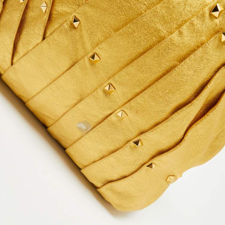 Pre Owned Valentino Metallic Gold Leather Maison Pintucked Rockstud Shopper Tote