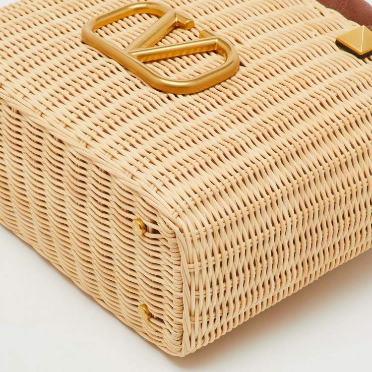 Pre Owned Valentino Beige/Brown Wicker And Leather Vlogo Signature Bucket Bag